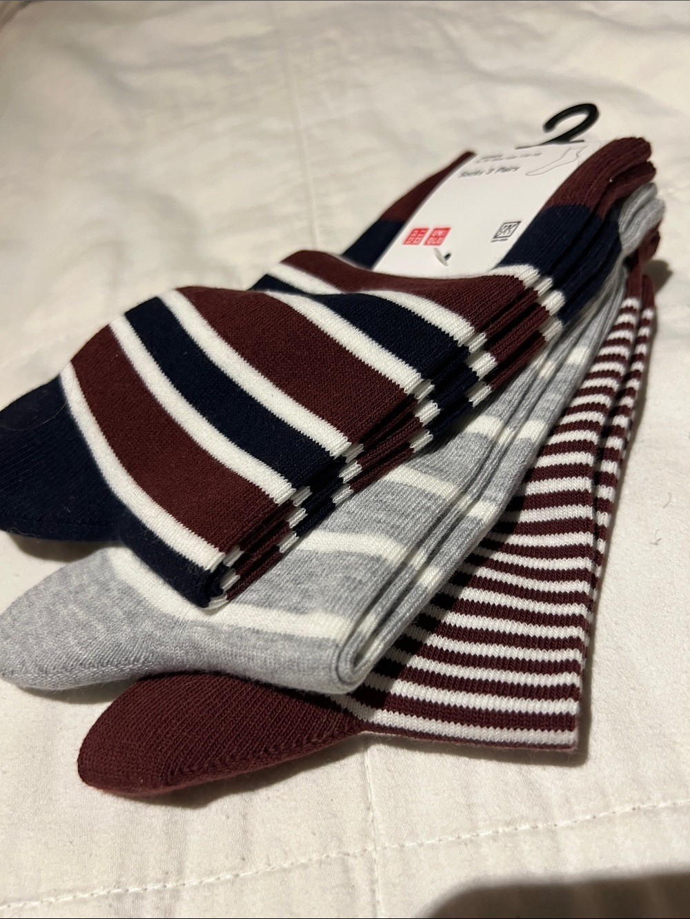 Uniqlo Men’s Striped Crew Socks - Black, Maroon & Gray (3-Pack)